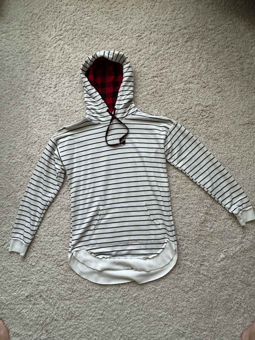 Maurices Cream White Striped Hoodie with Red Plaid Lined Hood